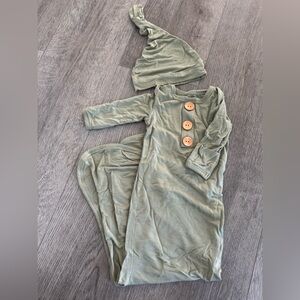 Green Baby Gown with Hat and Wooden Buttons